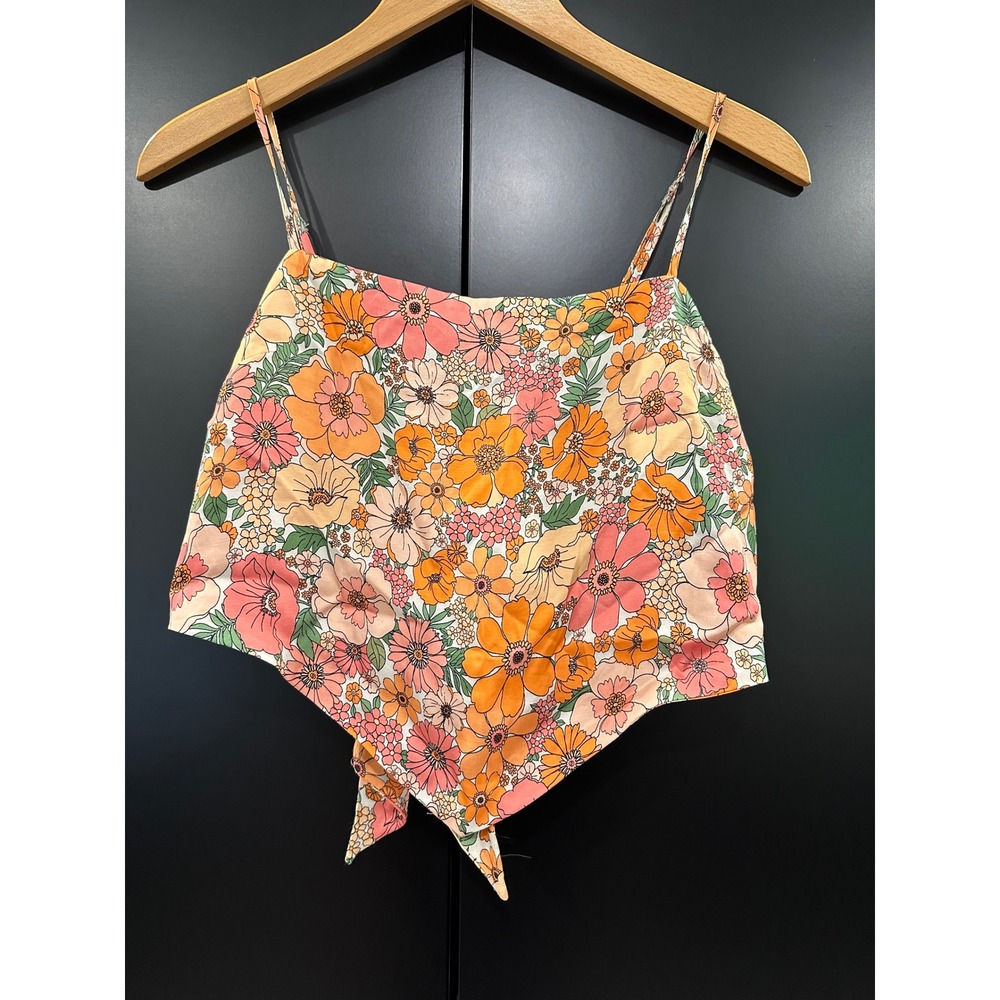 Gianni Bini Floral Handkerchief Hem Crop Top Orange Pink Retro Boho Camisole M